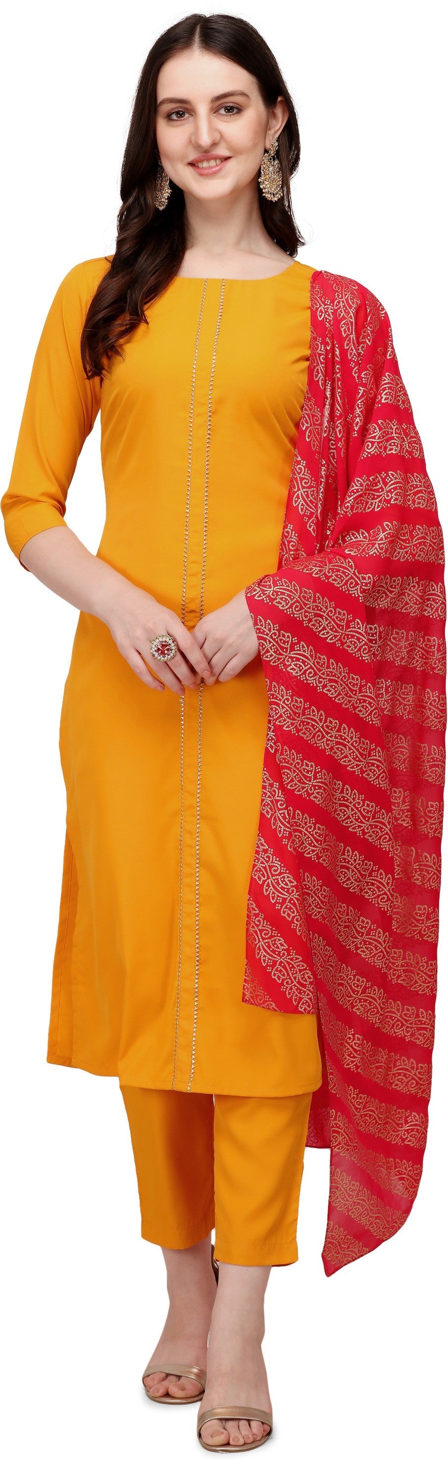 Women's Yellow Poly Crepe Straight Kurta Pant With Dupatta - Fiorra