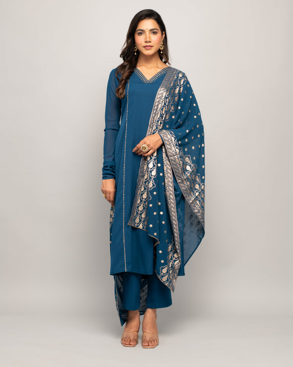 Women's Teal Blue Creap A-Line Kurta Pant With dupatta - Fiorra