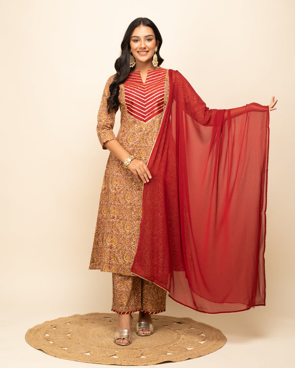 Women's Brown Cotton A-Line Kurta Pant With dupatta - Fiorra