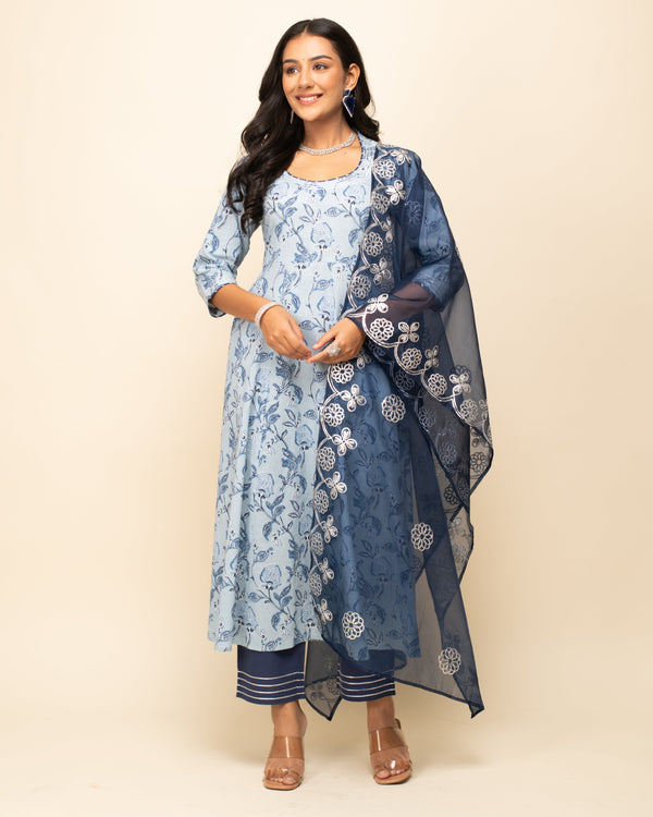 Women's Light Blue Cotton A-Line Kurta Pant With dupatta - Fiorra