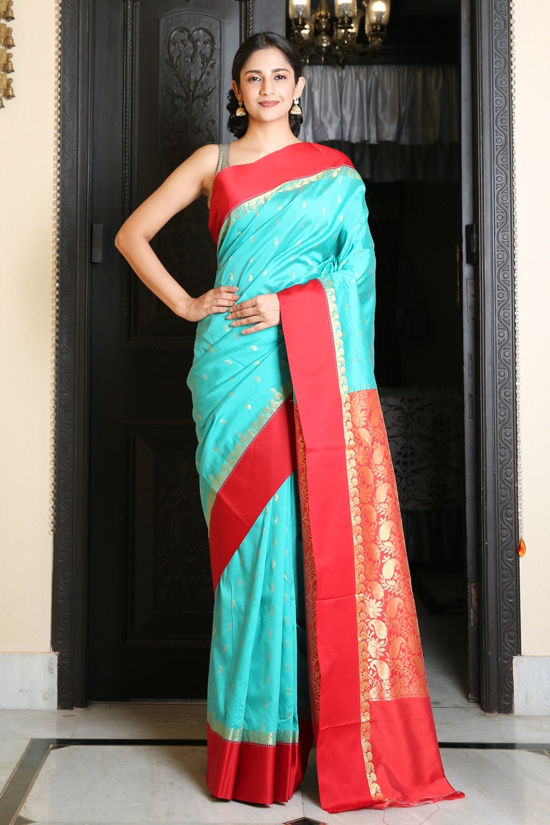 Women's Semi Garad Silk Saree With Red Border - In Weave Sarees