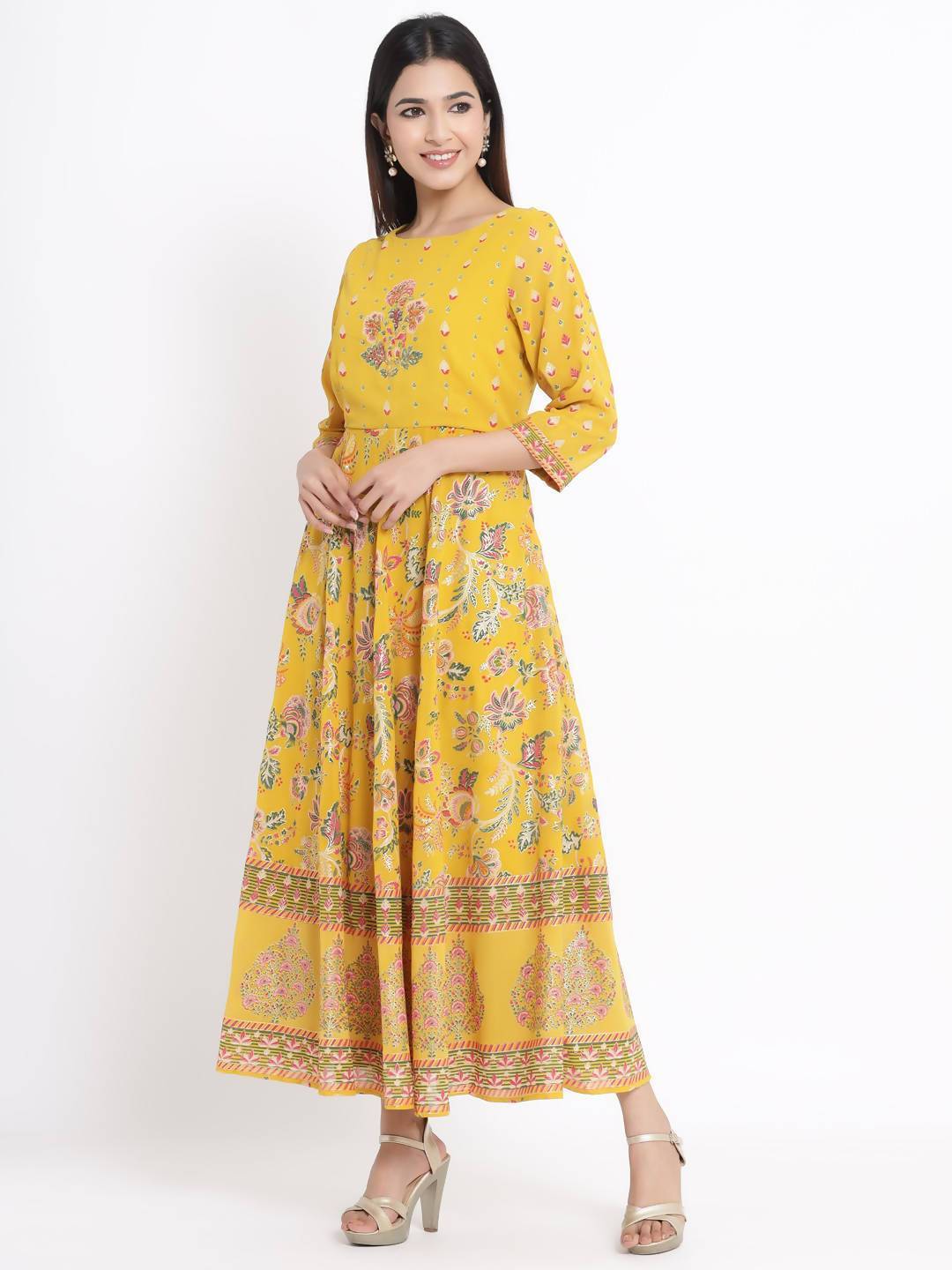 Women's Mustard Georgette Printed Flared Dress With Hair-Band - Juniper