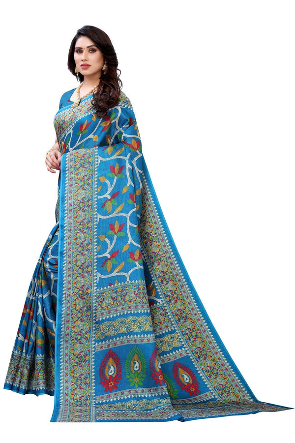 Women's Printed Jute Silk Blue Saree - Vamika