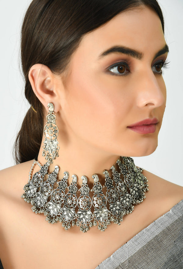 Kamal Johar Silver-Plated Oxidised Necklace & Earrings Jkms_107