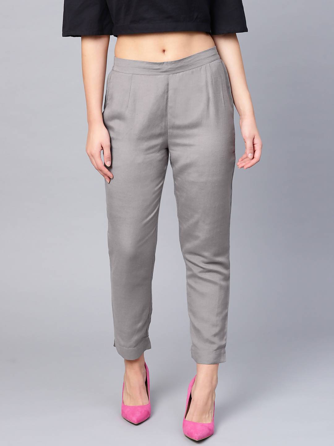 Women's Grey Rayon Solid Cigarette Pants - Juniper