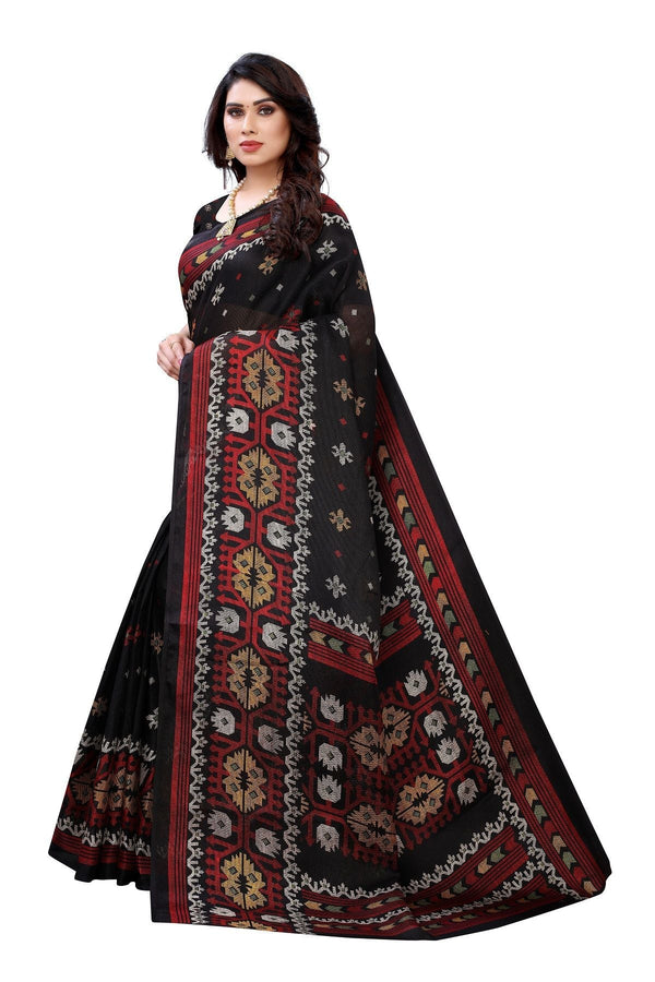 Women's Printed Jute Silk Black Saree - Vamika