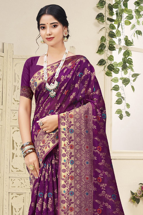 Women's Purple Cotton Woven Zari Work Traditional Tassle Saree - Sangam Prints