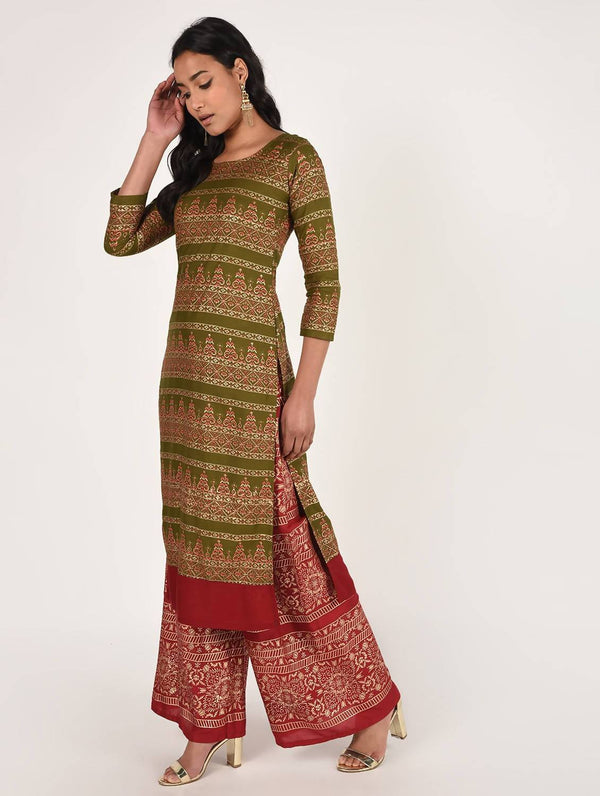 Women's Multi Color Gold Print Kurta Palazzo Set - Cheera