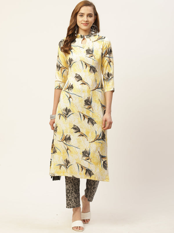 Women's Yellow Color Rayon Blend Straight Foil Printed Kurta Palazzo Set - VAABA