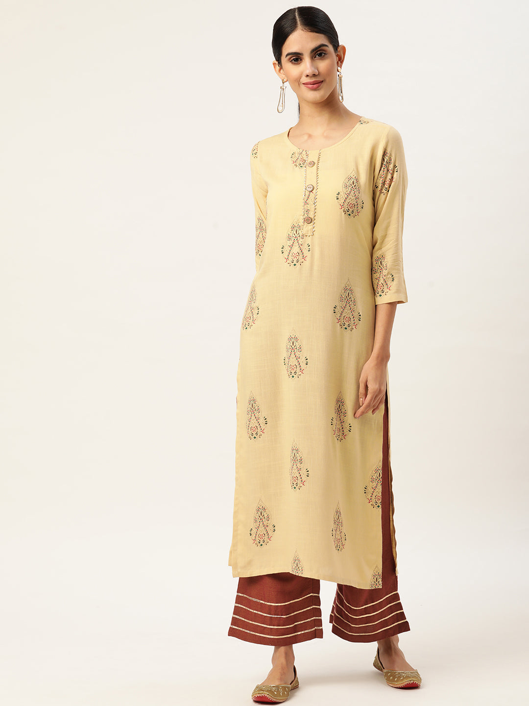 Women's Yellow Color Rayon Blend Straight A-Line Gold Printed Kurta Palazzo Set - VAABA