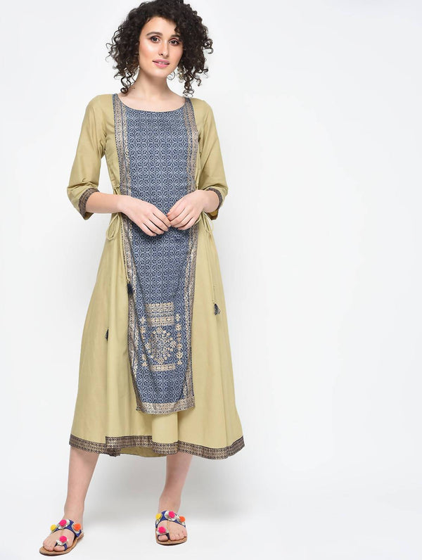 Women's Khaki Hand Block Print Straight Kurta Only - Cheera