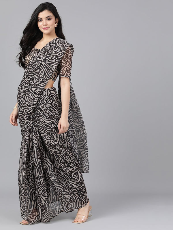 Women's Black & Beige Animal Print Saree - AKS