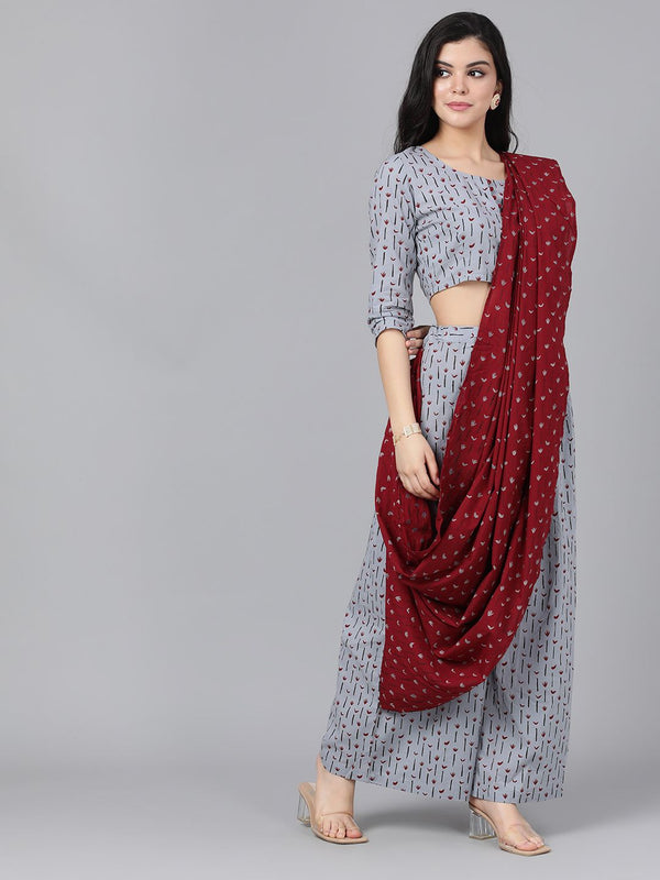 Women's Grey & Maroon Printed Palazzo Saree - AKS