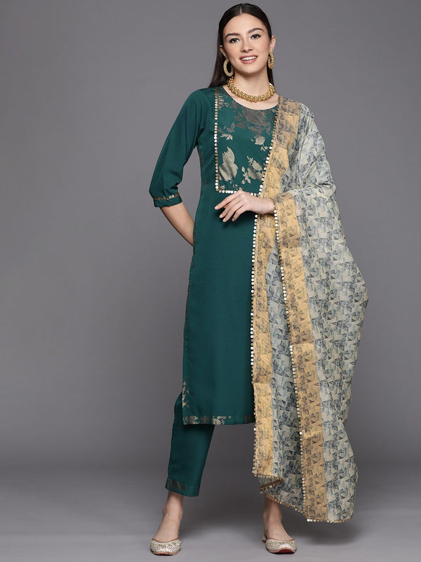 Dark Green Printed Kurta Pant Set With Dupatta