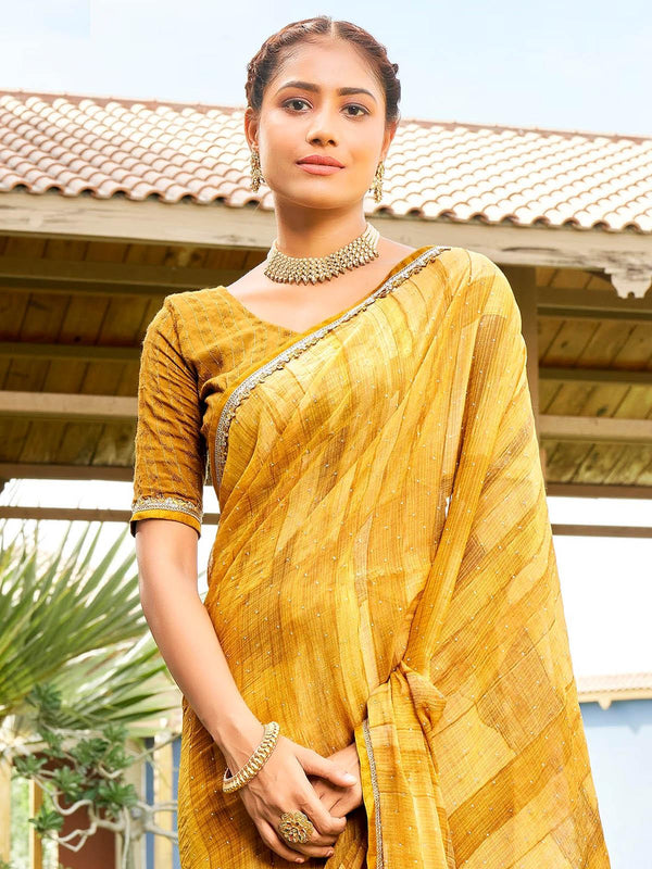 Women's Yellow Abstract Printed Chiffon Saree - Odette