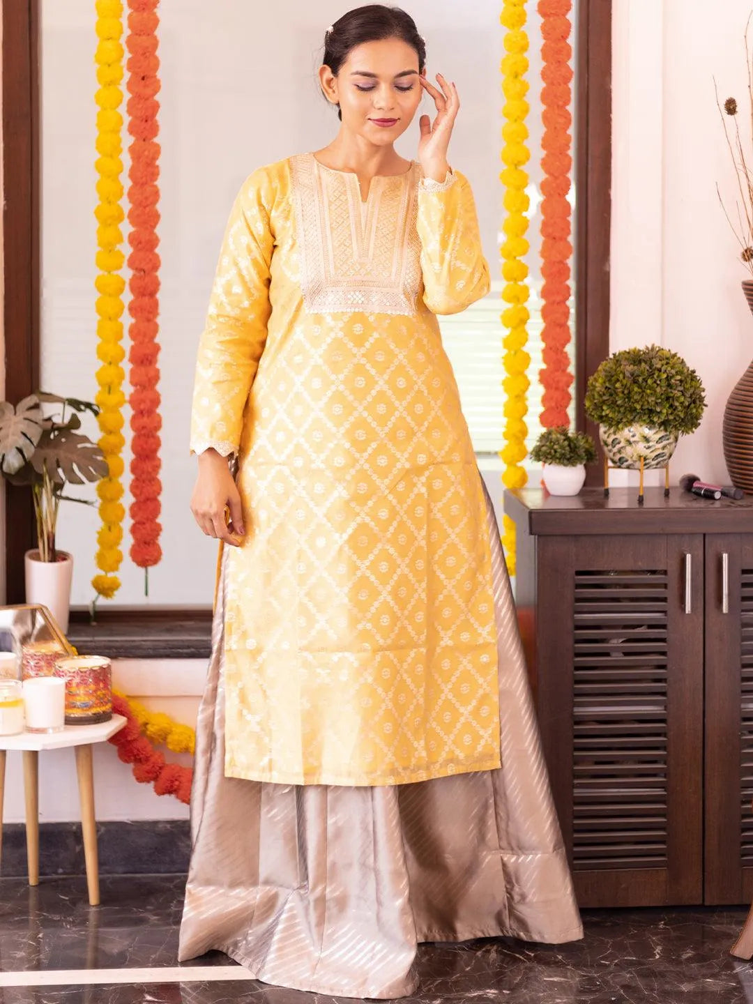 Yellow Chanderi Woven Design Straight Kurta - Jashvi