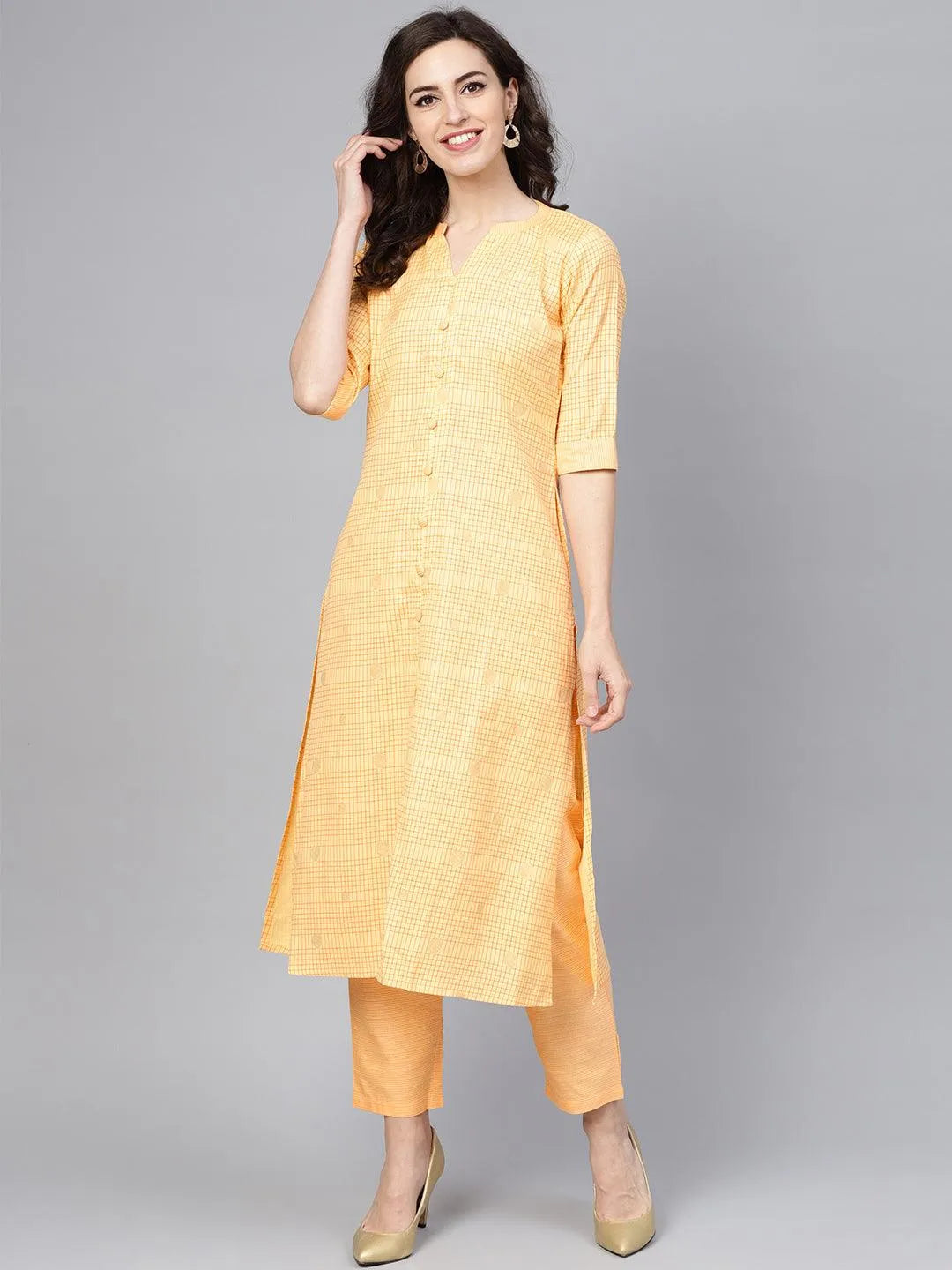 Yellow Checkered Cotton Kurta Set - Jashvi