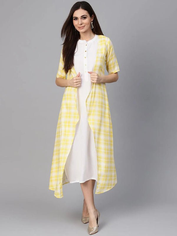 Yellow Checkered Rayon Dress With Jacket - Jashvi