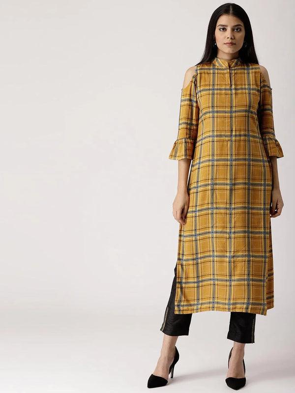 Yellow Checkered Rayon Kurta - Jashvi