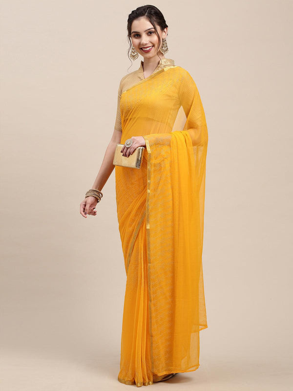 Women's Yellow Chiffon Woven Border Saree With Unstitched Blouse - Odette