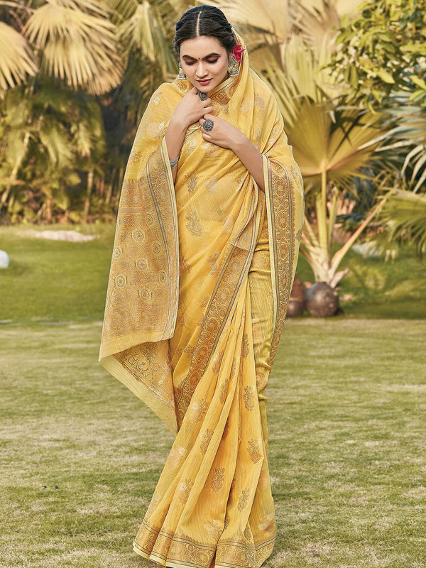 Women's Yellow Color Cotton Saree Pair With Cotton Blouse - Odette