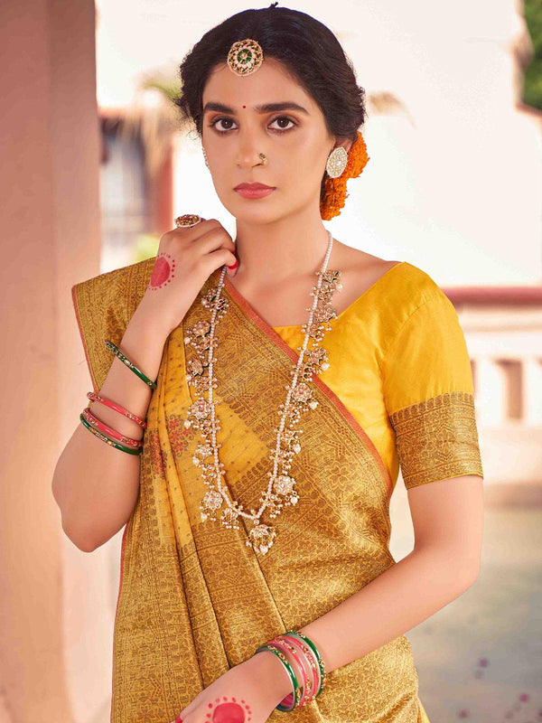 Women's Yellow Color Soft Cotton Saree - Odette