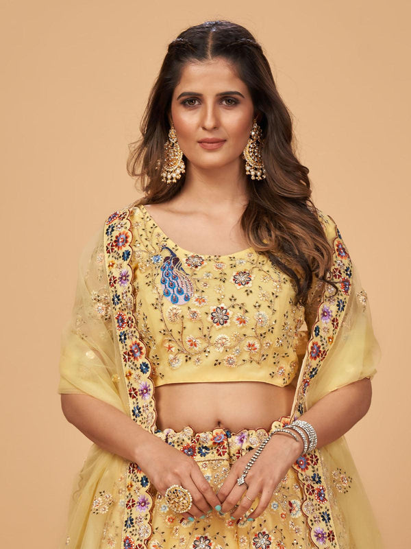 Women's Yellow Designer Floral Embroidered Lehenga Set - Odette