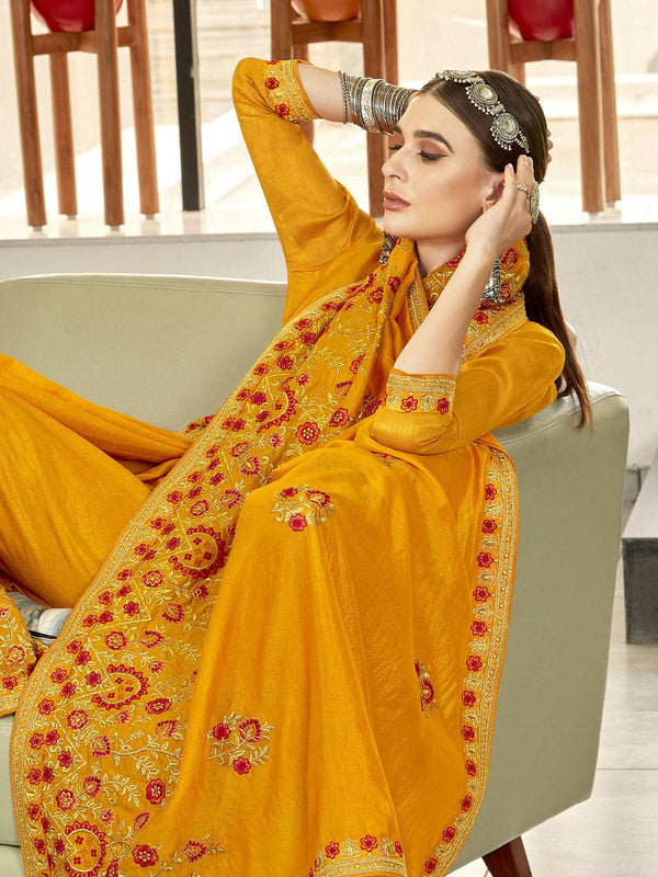 Women's Yellow Designer Thread Embroidered Saree - Odette