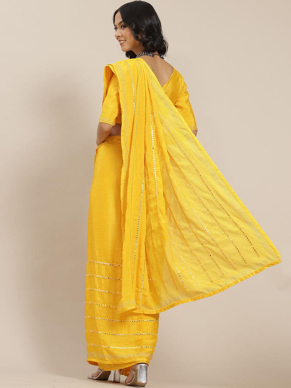 Women's Yellow Elegant Mirror Work Saree - Odette