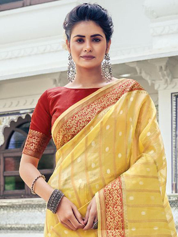 Women's Yellow Elegantly Woven Organza Saree - Odette