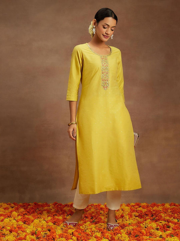 Yellow Embellished Silk Straight Kurta - Jashvi