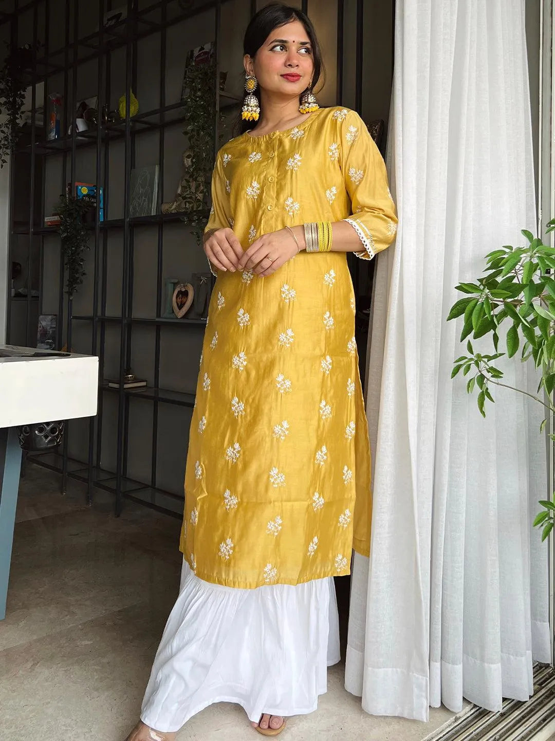 Yellow Embroidered Chanderi Silk Kurta - Jashvi