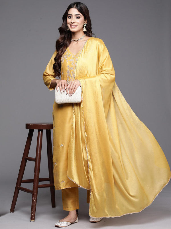 Yellow Embroidered Chanderi Silk Straight Kurta With Trousers & Dupatta - Jashvi