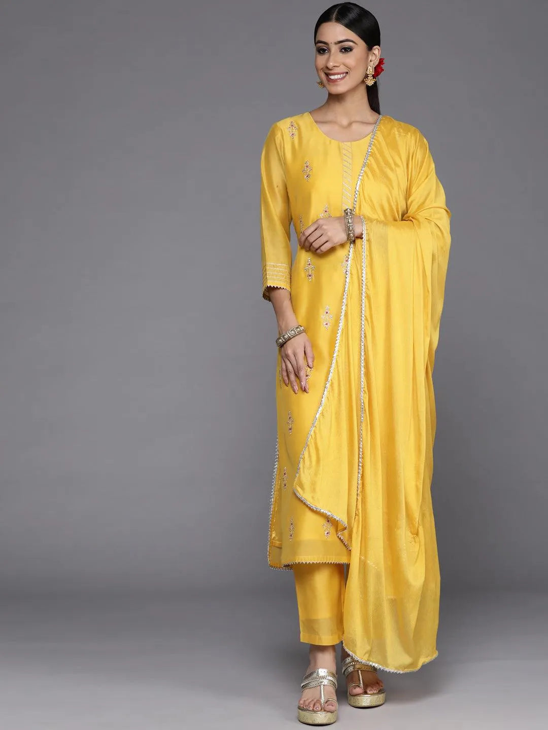 Yellow Embroidered Chanderi Silk Straight Suit Set - Jashvi