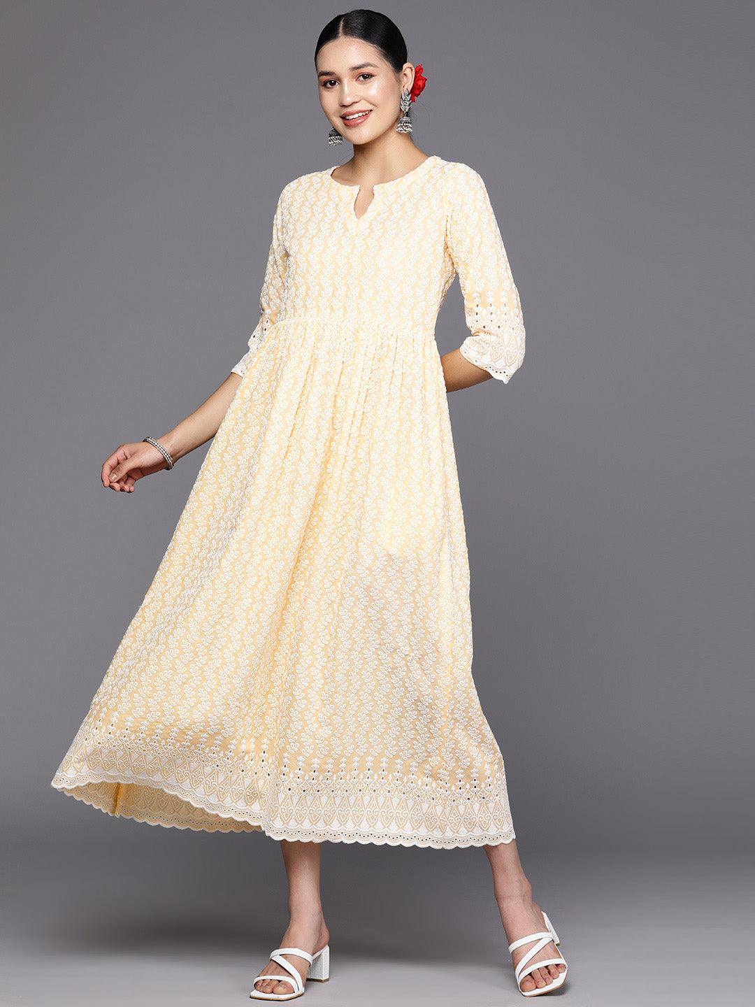 Yellow Embroidered Cotton Fit and Flare Dress - Jashvi