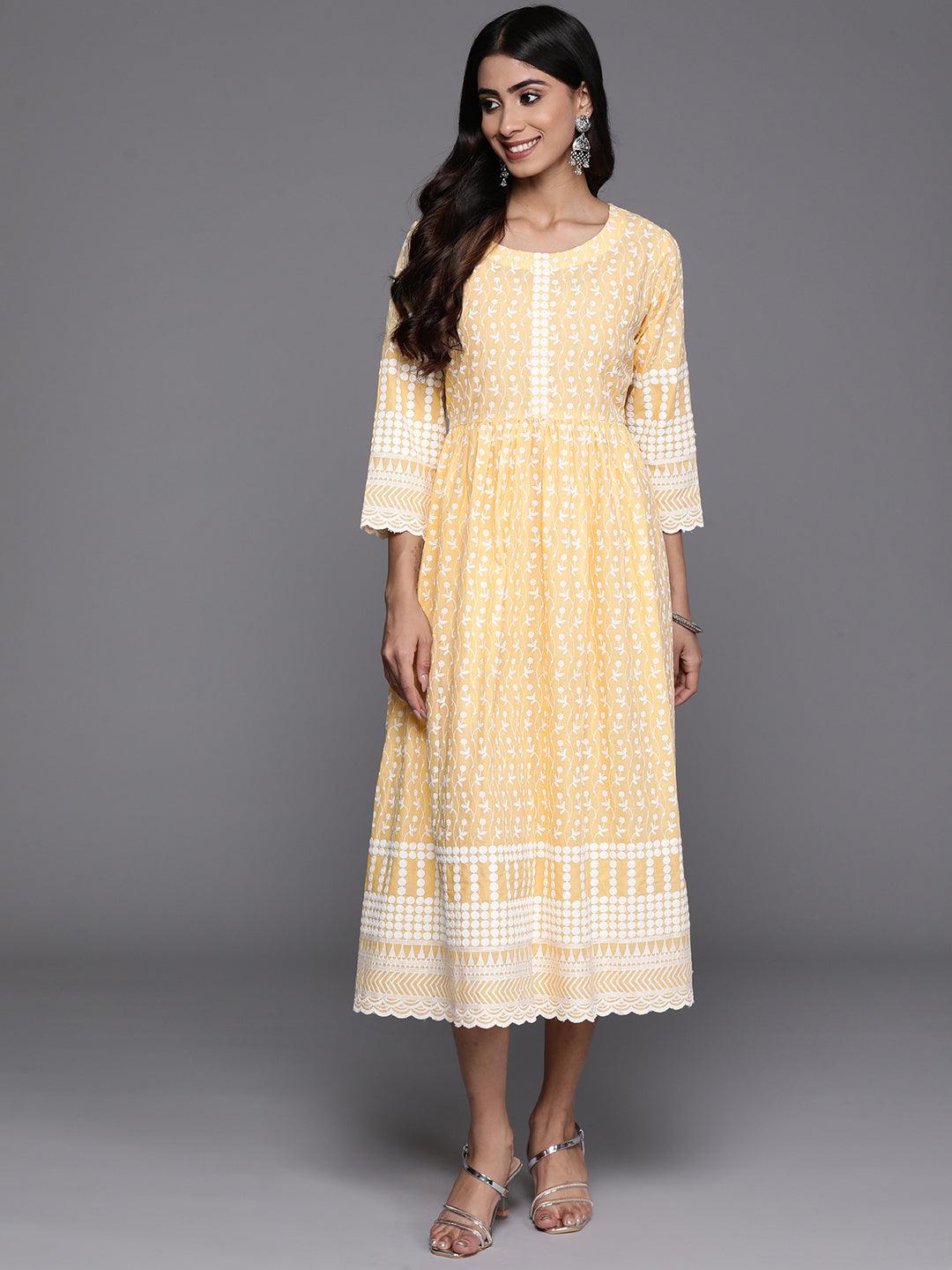 Yellow Printed Cotton Fit and Flare Dress - Jashvi