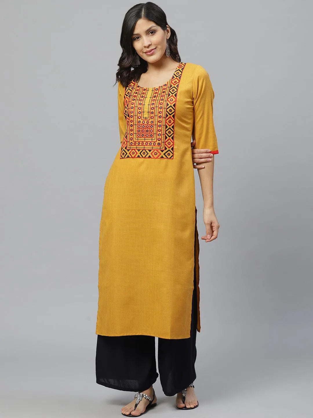 Yellow Embroidered Cotton Kurta - Jashvi