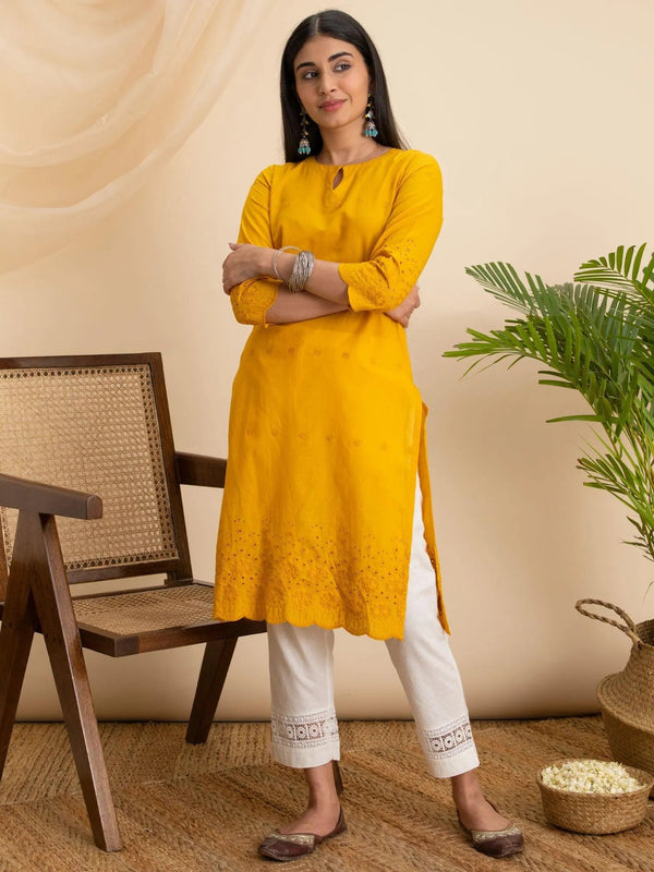 Yellow Embroidered Cotton Kurta - Jashvi