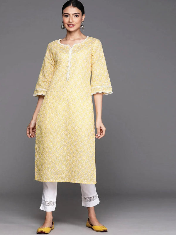 Yellow Embroidered Cotton Kurta - Jashvi