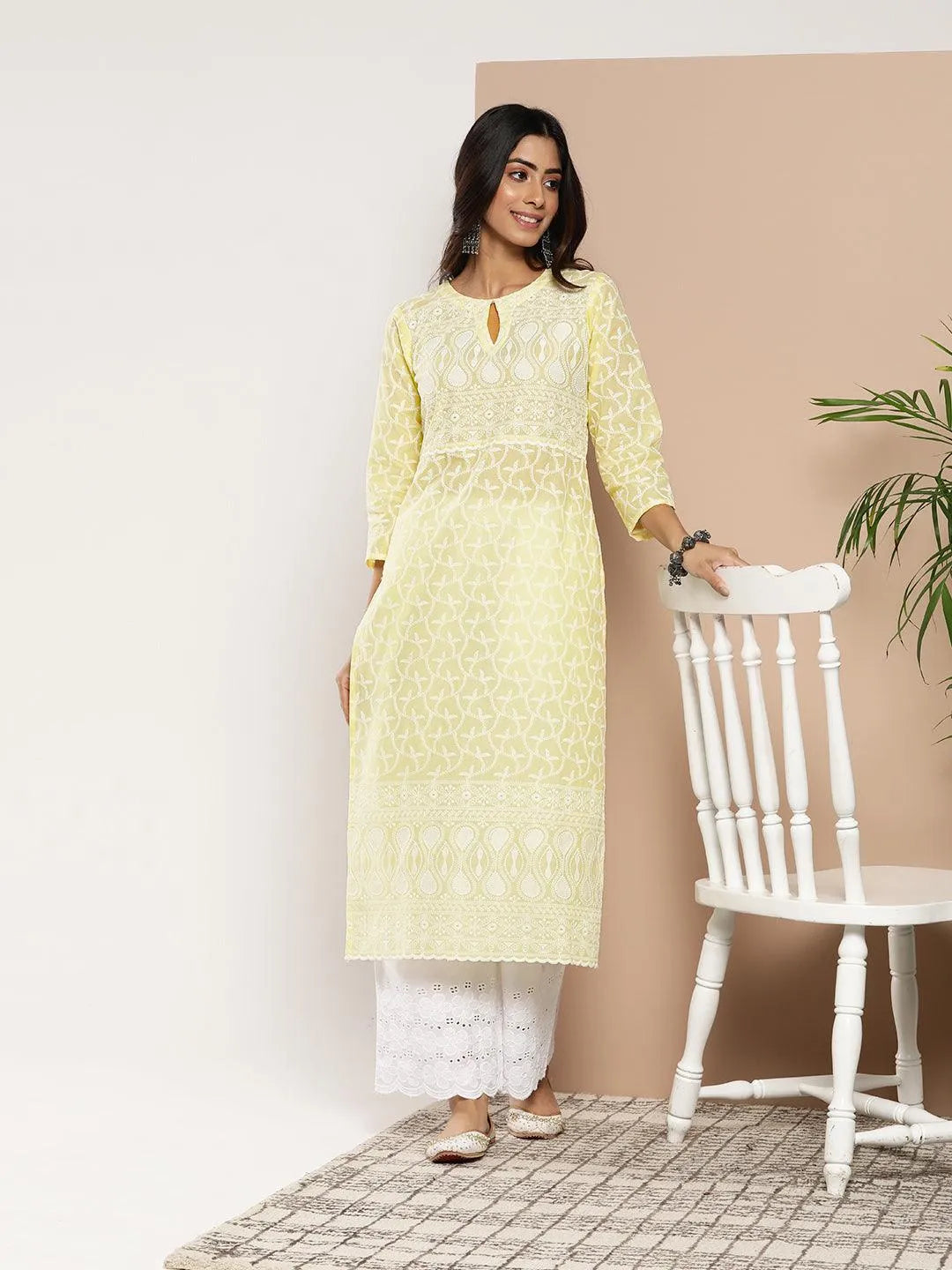 Yellow Embroidered Cotton Straight Kurta - Jashvi