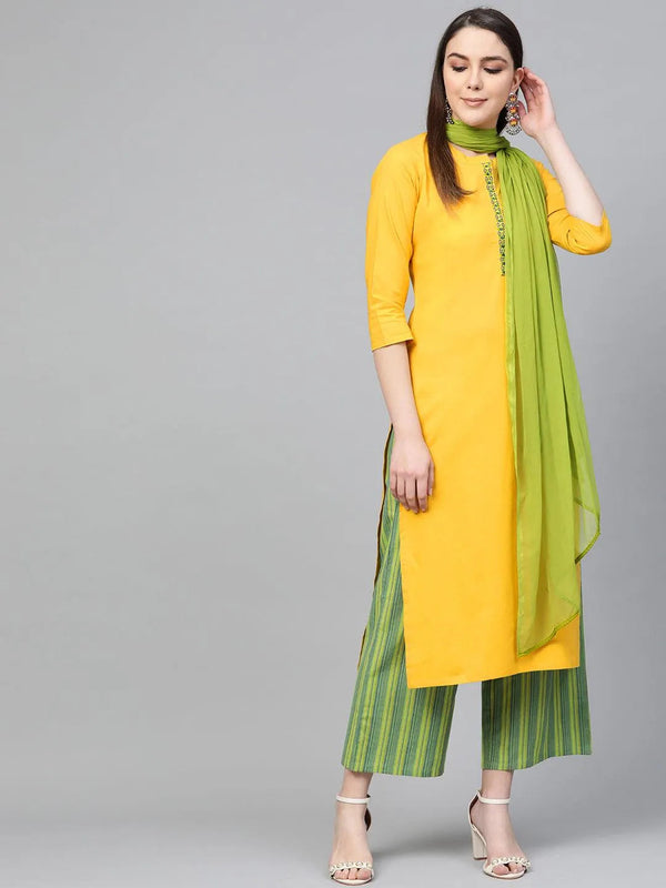 Yellow Embroidered Cotton Suit Set - Jashvi