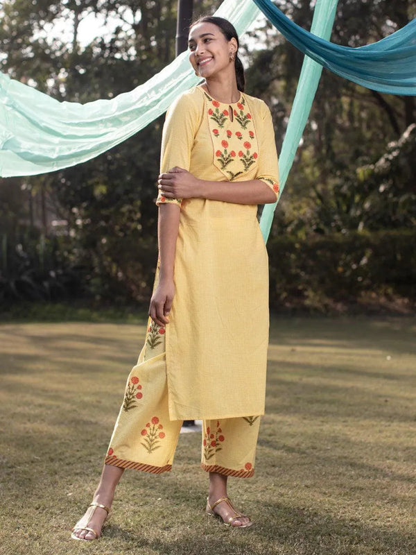 Yellow Embroidered Cotton Straight Kurta With Palazzos