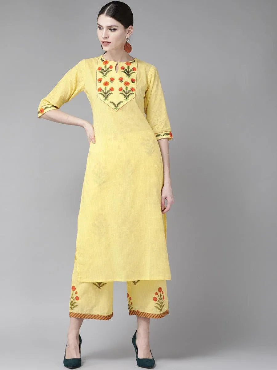 Yellow Embroidered Cotton Kurta Set - Jashvi