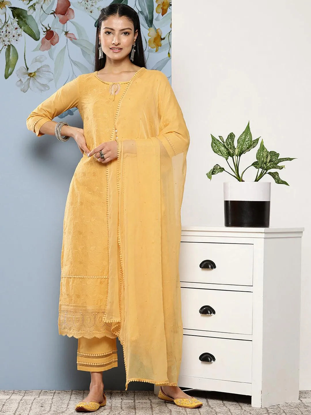 Yellow Embroidered Cotton Suit Set With Trousers - Jashvi