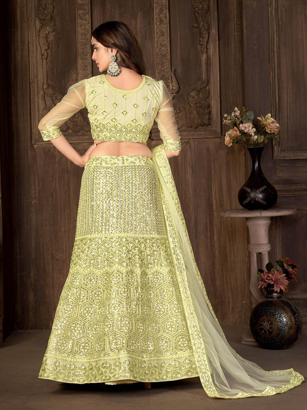 Women's Yellow Embroidered Designer Net Lehenga - Odette