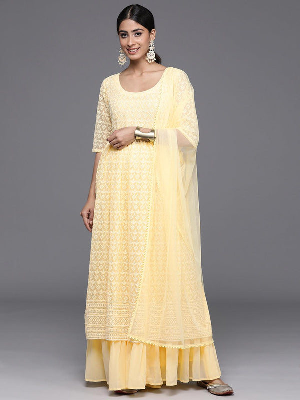 Yellow Embroidered Georgette A-Line Kurta With Palazzos & Dupatta - Jashvi