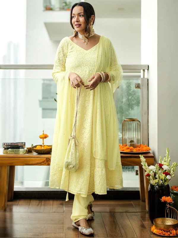 Yellow Embroidered Georgette Anarkali Kurta With Churidar & Dupatta - Jashvi