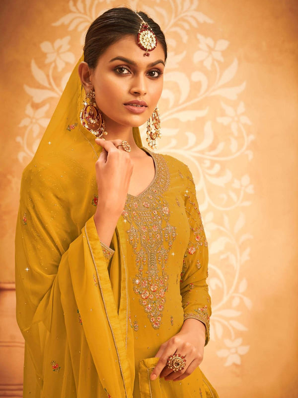 Women's Yellow Embroidered Georgette Kurta Set - Odette