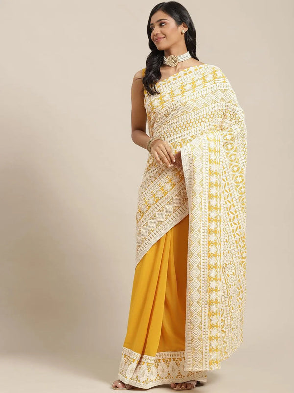 Yellow Embroidered Georgette Saree - Jashvi