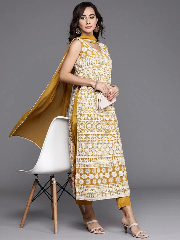 Yellow Embroidered Georgette Straight Kurta With Dupatta - Jashvi